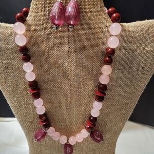 Hand Crafted Pink and Burgundy Beaded Jewelry Set Pierced Earrings and Necklace
